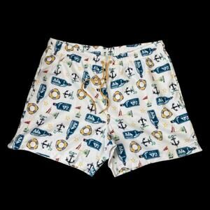 Lands End Men Swim Trunks XL White Blue Nautical Anchor Boat in a Bottle Print